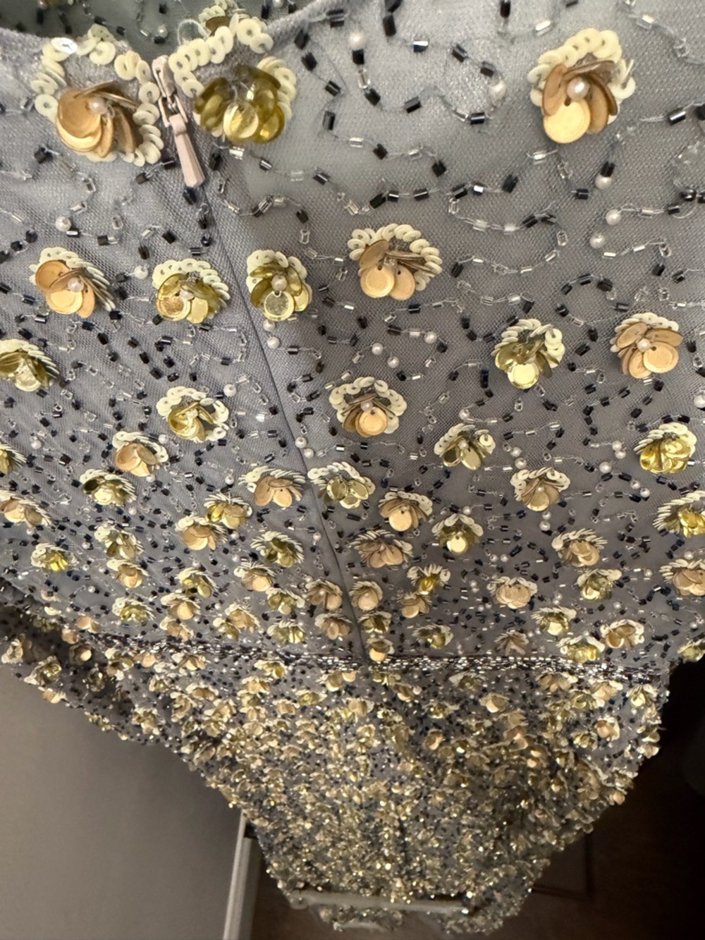 Mac Duggal Silver Gown with Gold Floral Embellishments — Long Sleeve - Picture 4 of 6